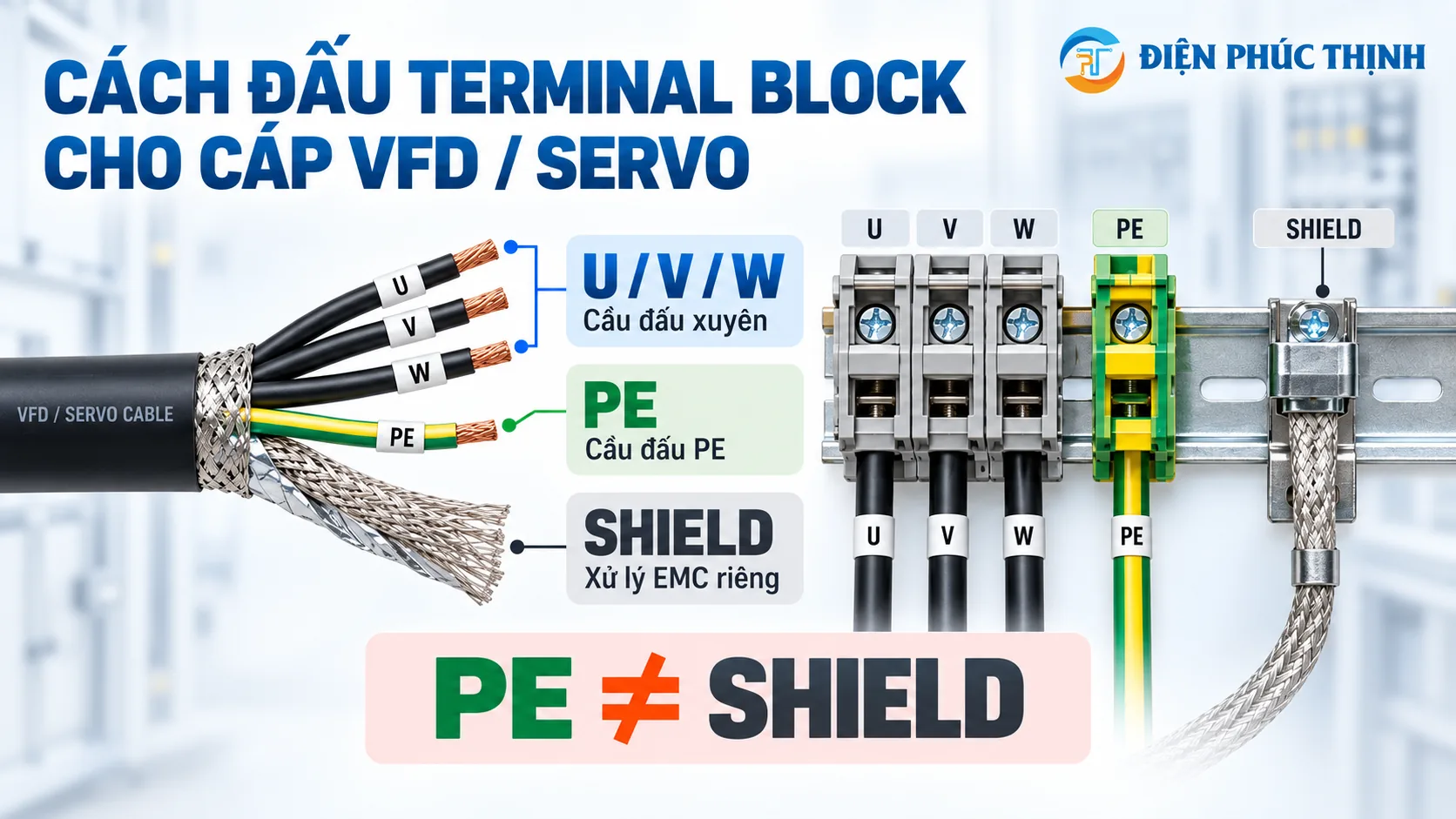 Cách phân chia U V W PE và shield khi đấu Terminal Block cho cáp VFD servo