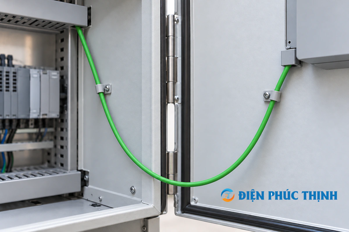 Cận cảnh cáp xanh đi theo vòng uốn của xích dẫn cáp, phía sau là ray và bàn trượt của cụm máy.