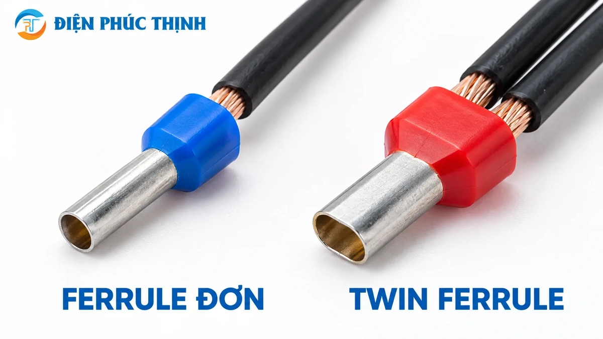 So sánh ferrule đơn nhận một dây và TWIN ferrule nhận hai dây dẫn.