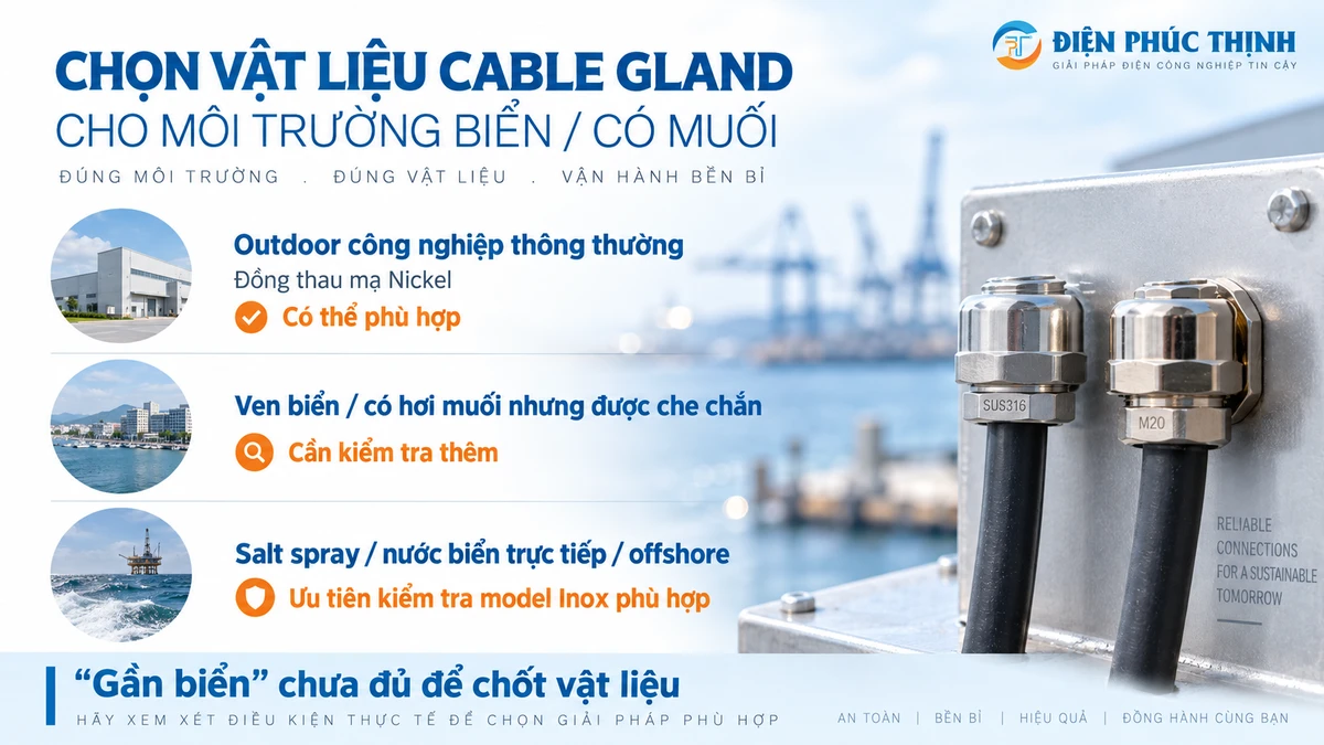 Chọn Cable Gland đồng thau mạ Nickel hay Inox theo mức tiếp xúc salt spray và nước biển