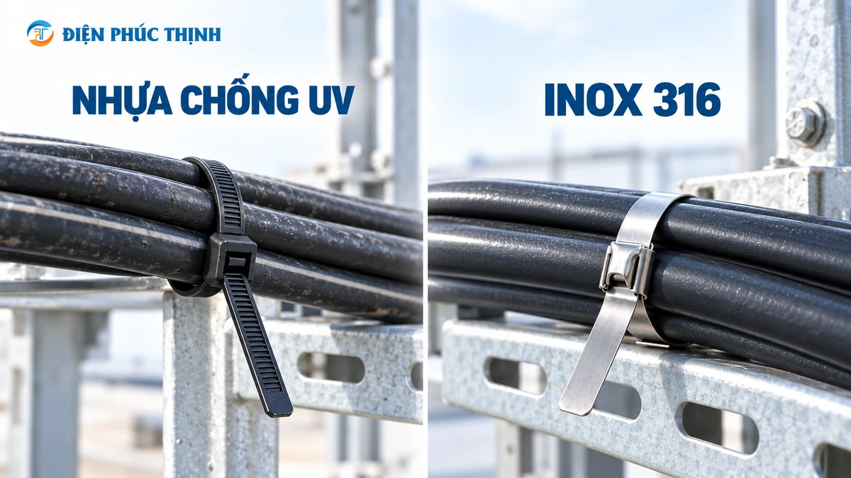 Dây rút nhựa chống UV và dây rút inox 316 trong các điều kiện lắp đặt ngoài trời.