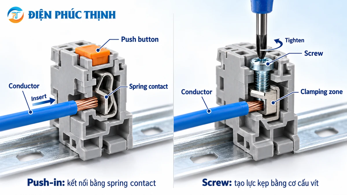 So sánh cơ cấu đấu dây của cầu đấu Push-in và Screw Terminal