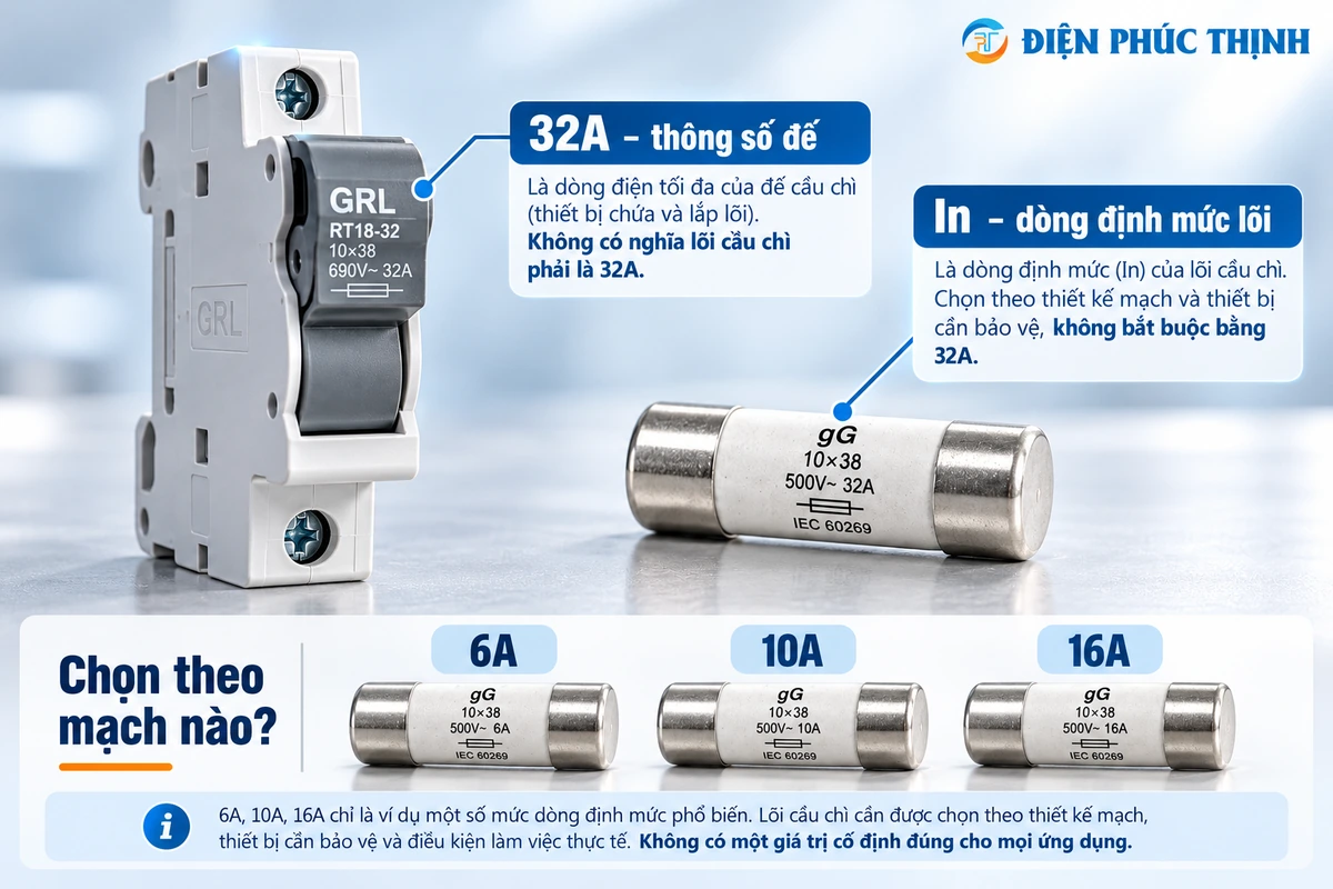 Phân biệt dòng định mức đế cầu chì GRL 32A với dòng định mức lõi cầu chì gG