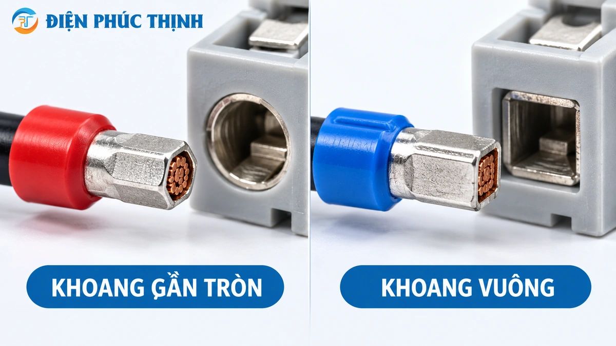 Hình dạng ferrule sau khi bấm và khoang nhận dây của terminal