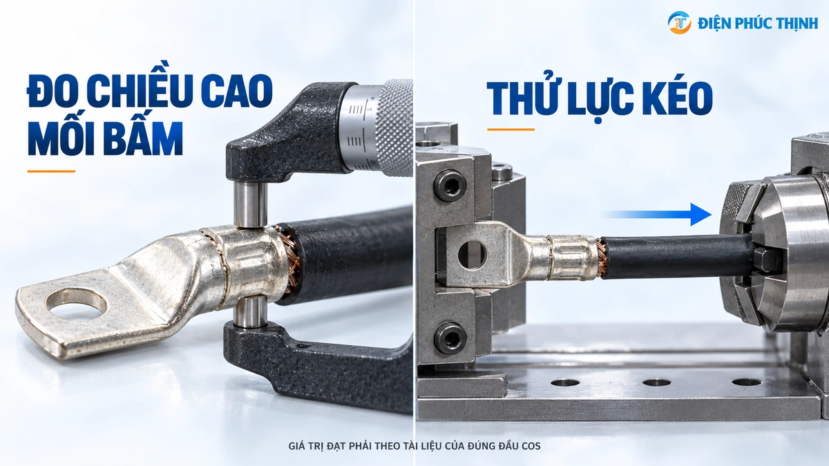 Đo chiều cao mối bấm và kiểm tra lực kéo đầu cos sau khi bấm
