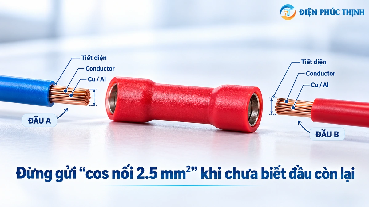 Kiểm tra tiết diện đầu dây A và đầu dây B trước khi chọn cos nối thẳng