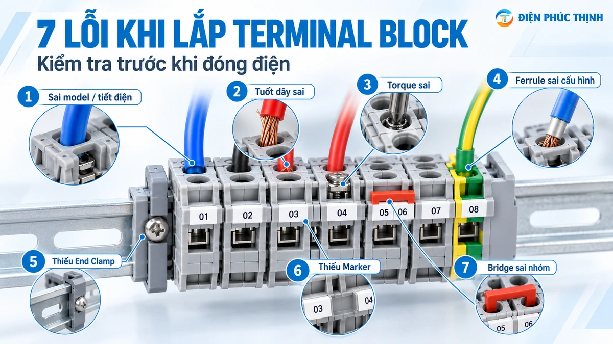 Các lỗi thường gặp và phụ kiện khi lắp Terminal Block trên DIN Rail