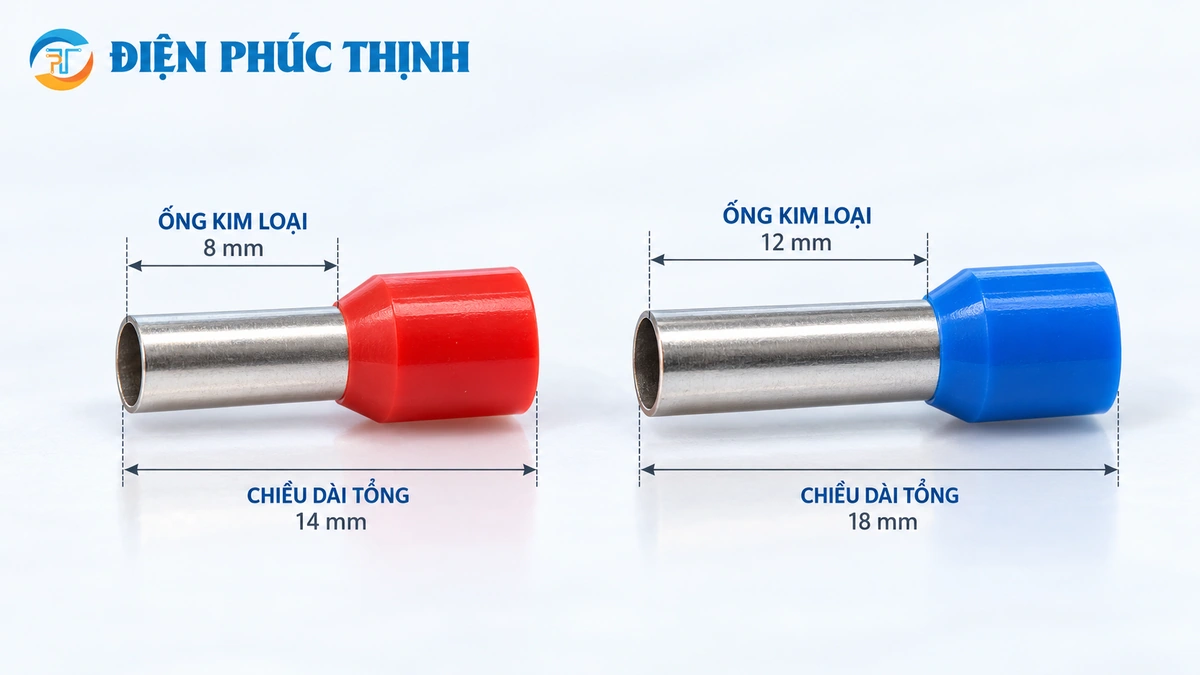 Phân biệt chiều dài ống kim loại và chiều dài tổng của ferrule có cổ nhựa.