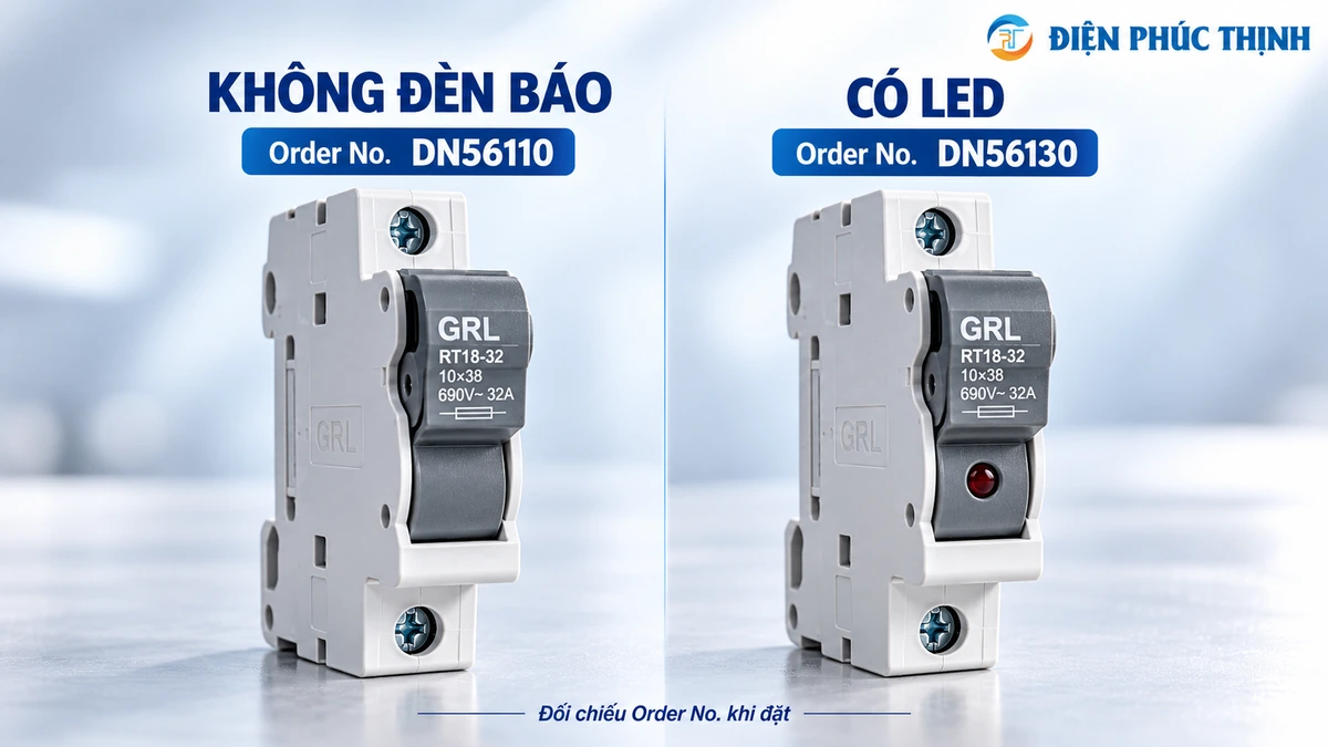 So sánh đế cầu chì GRL 1P không đèn báo DN56110 và phiên bản có LED DN56130