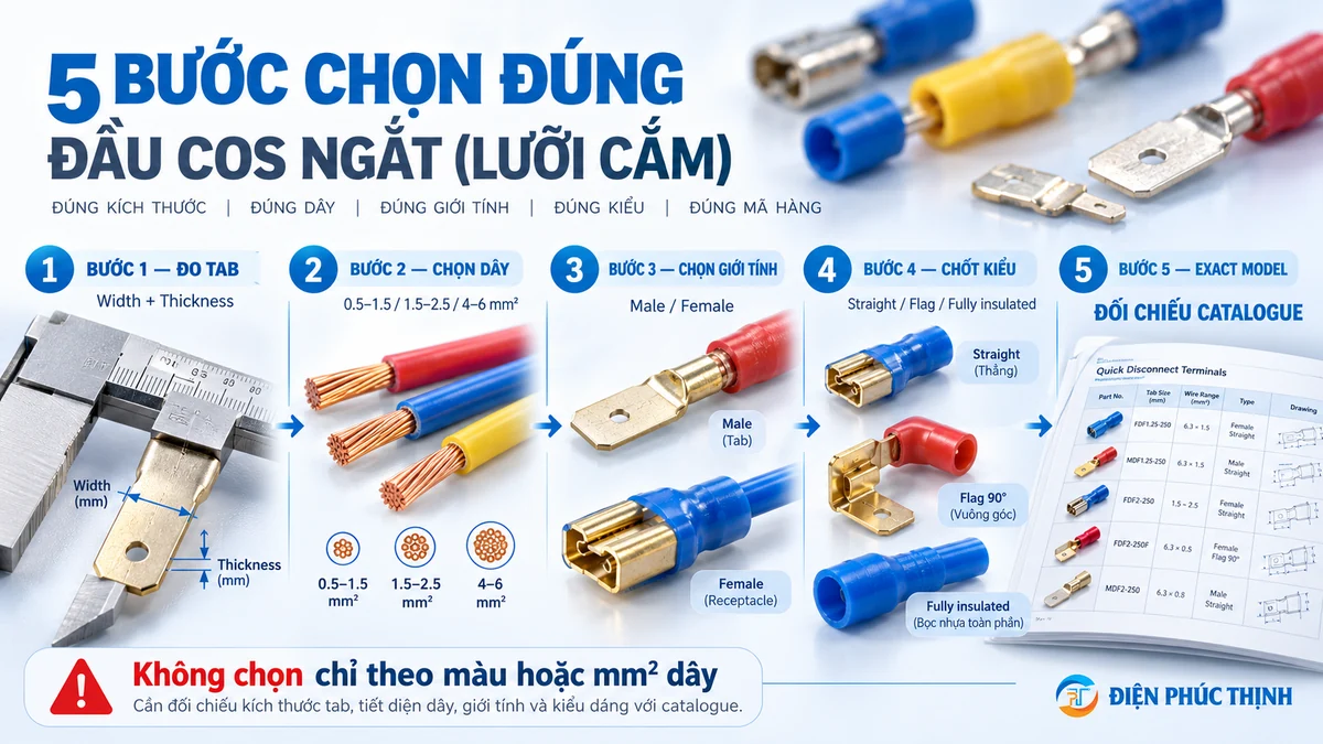Quy trình chọn cos ngắt theo lưỡi cắm tiết diện dây và kiểu đầu nối