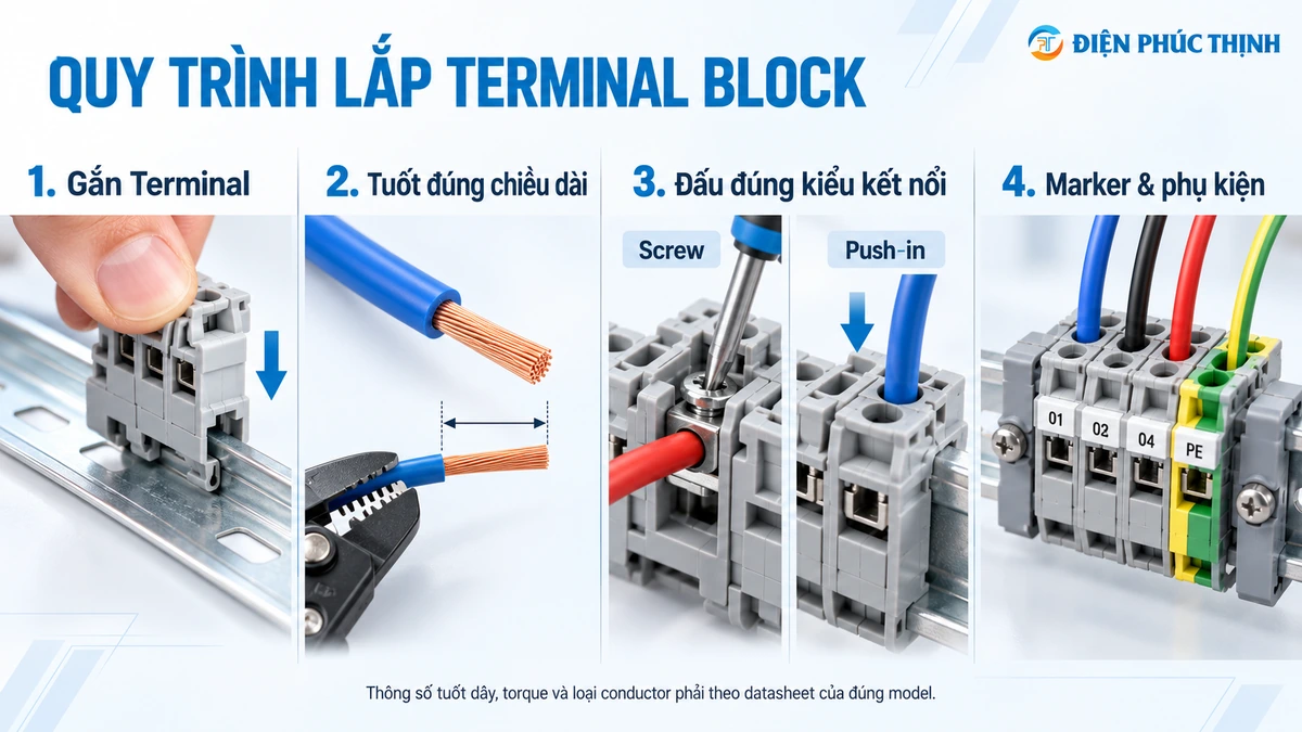 Quy trình lắp cầu đấu dây Terminal Block trên thanh DIN Rail