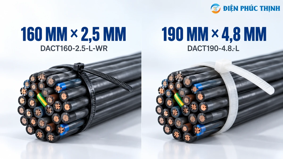 So sánh dây rút Dong-A 160 mm và 190 mm khi đối chiếu bó cáp đường kính 40 mm.