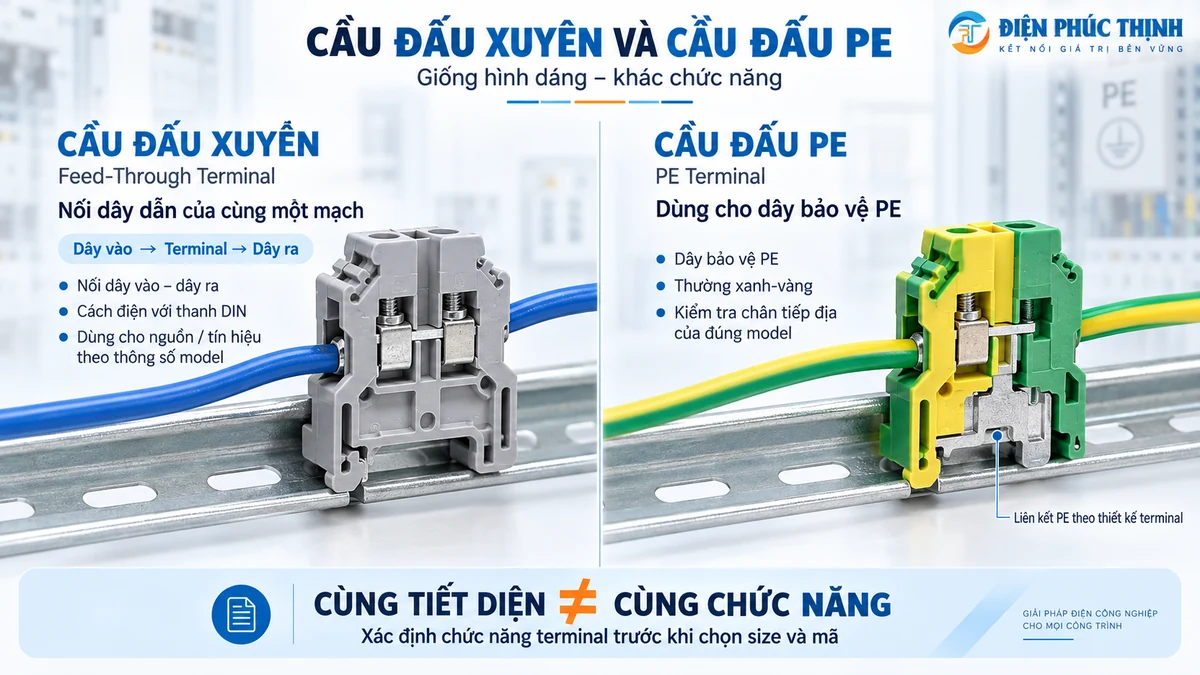 So sánh Feed-Through Terminal và PE Terminal trong tủ điện