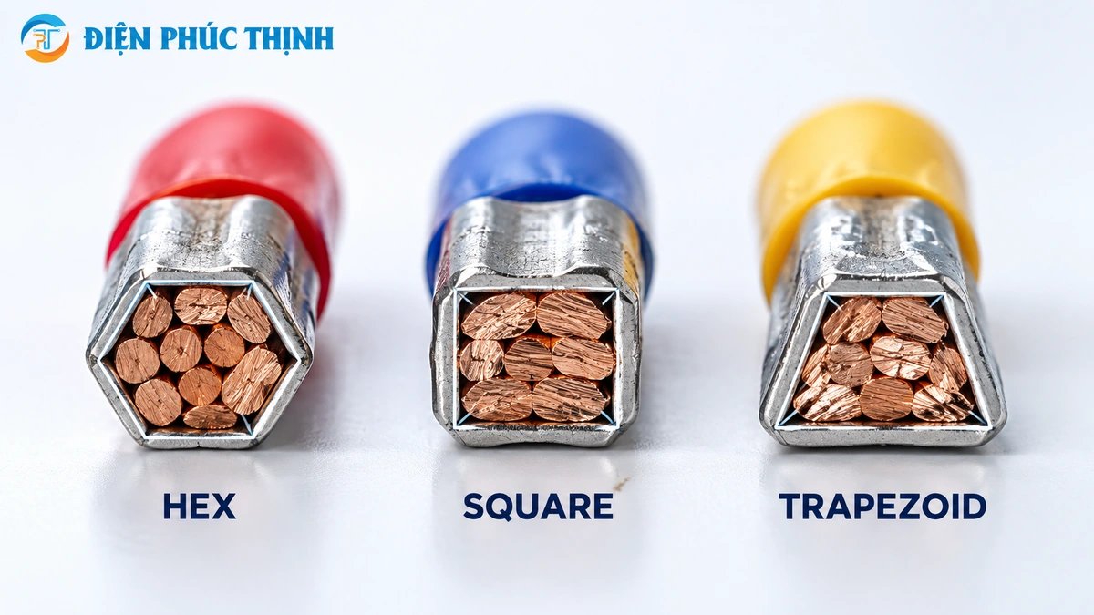 So sánh hình dạng ferrule sau khi bấm Hex Square và Trapezoid