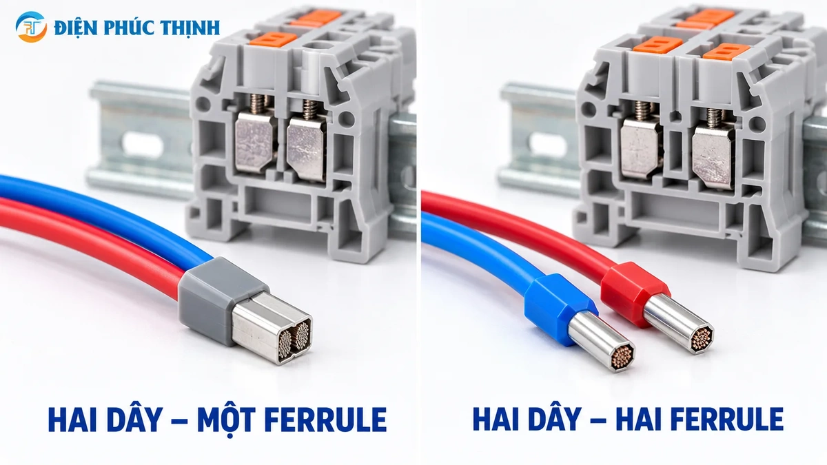 Phân biệt hai dây dùng chung TWIN ferrule với hai ferrule đơn trên hai khoang đấu riêng.