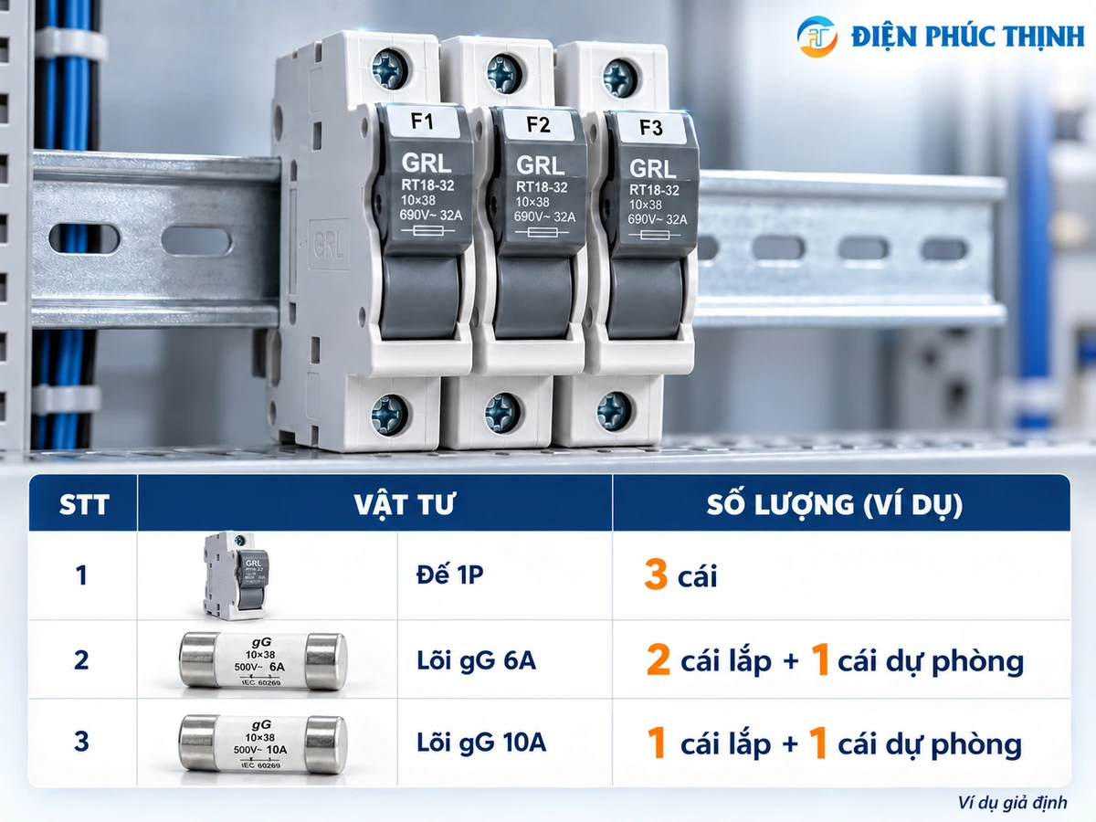 Ví dụ bảng BOM ba đế cầu chì GRL 1P cùng lõi gG 6A và 10A cho tủ điện