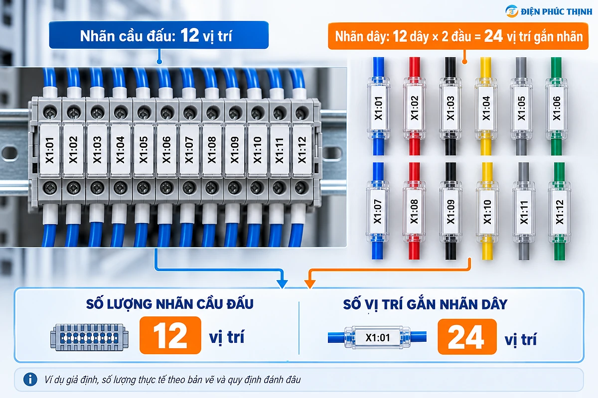 Ví dụ tính 12 nhãn cầu đấu và 24 vị trí gắn nhãn dây khi lập BOM tủ điện