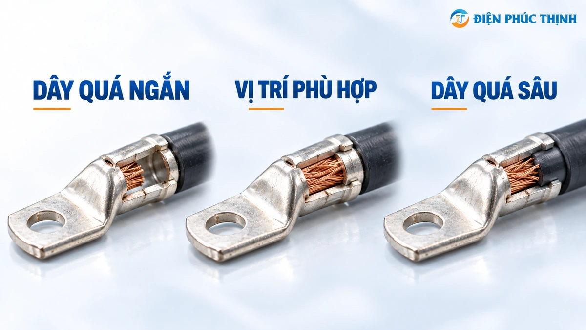 Vị trí ruột dẫn và lớp cách điện đúng sai khi bấm đầu cos