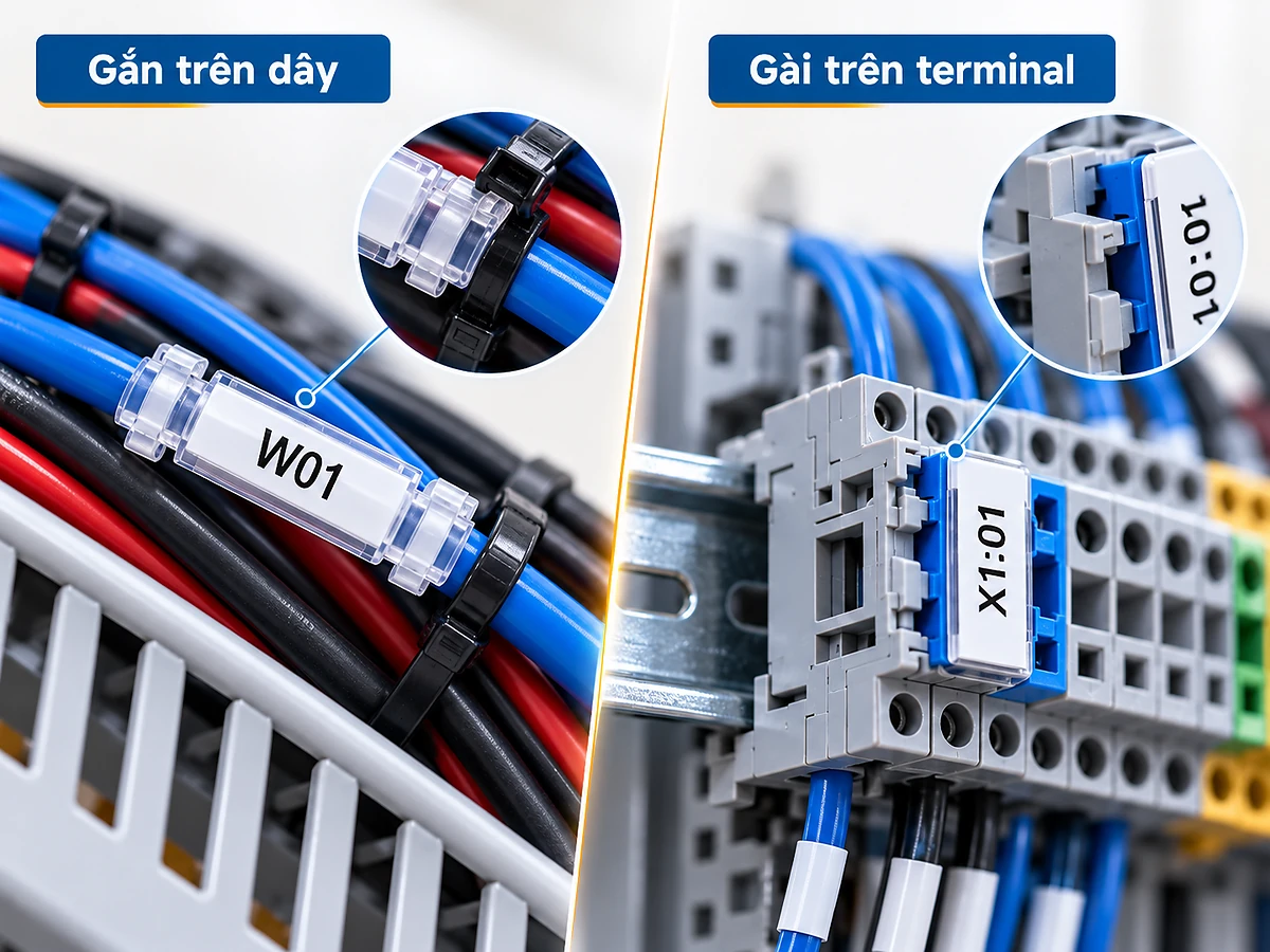 Cận cảnh cách gắn nhãn đánh dấu trên dây điện và nhãn vào rãnh cầu đấu terminal