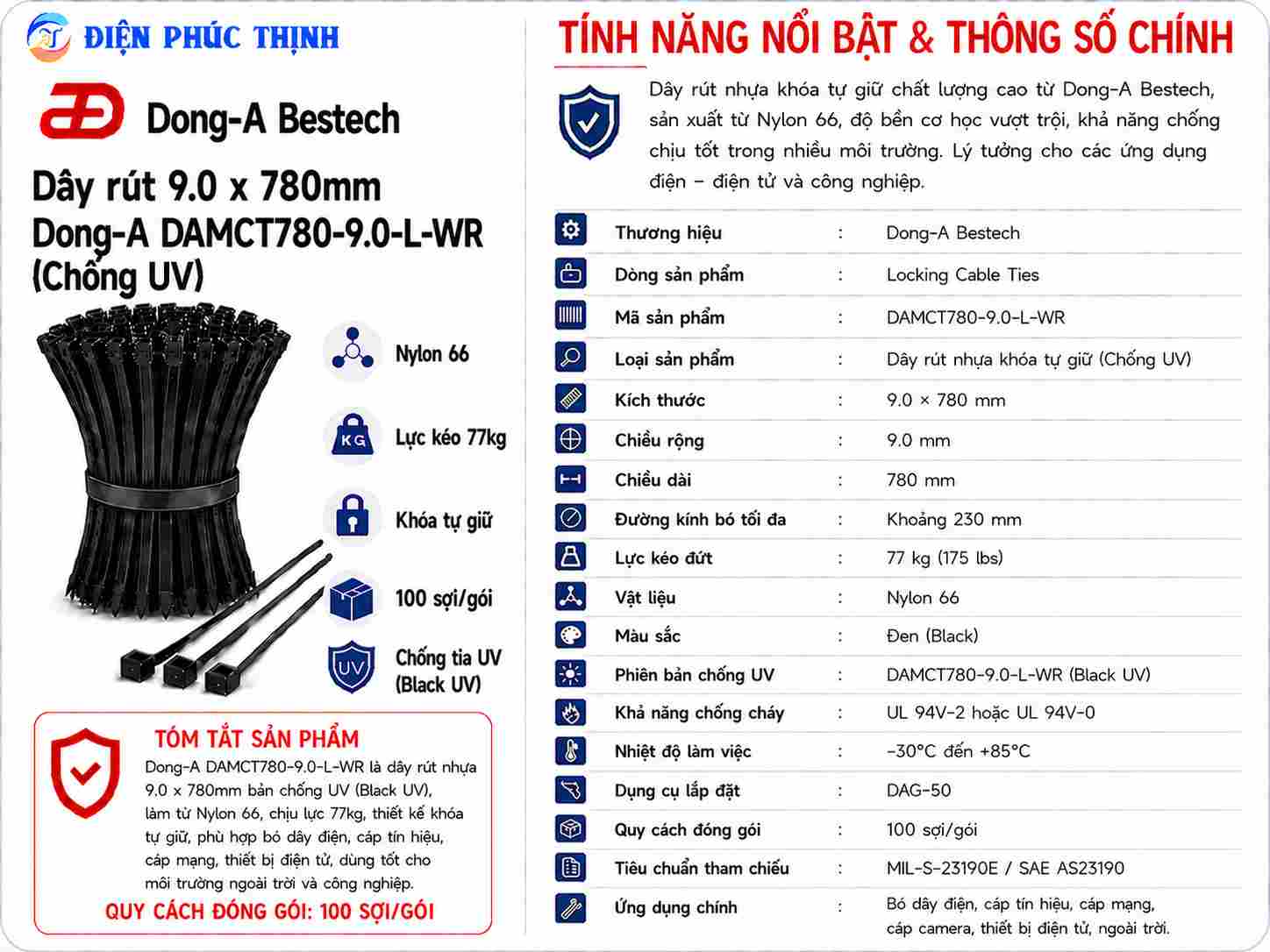 DONG-A-DAMCT780-9.0-L-WR / Dây Rút Nhựa Dong-A 9.0×780mm Chống UV