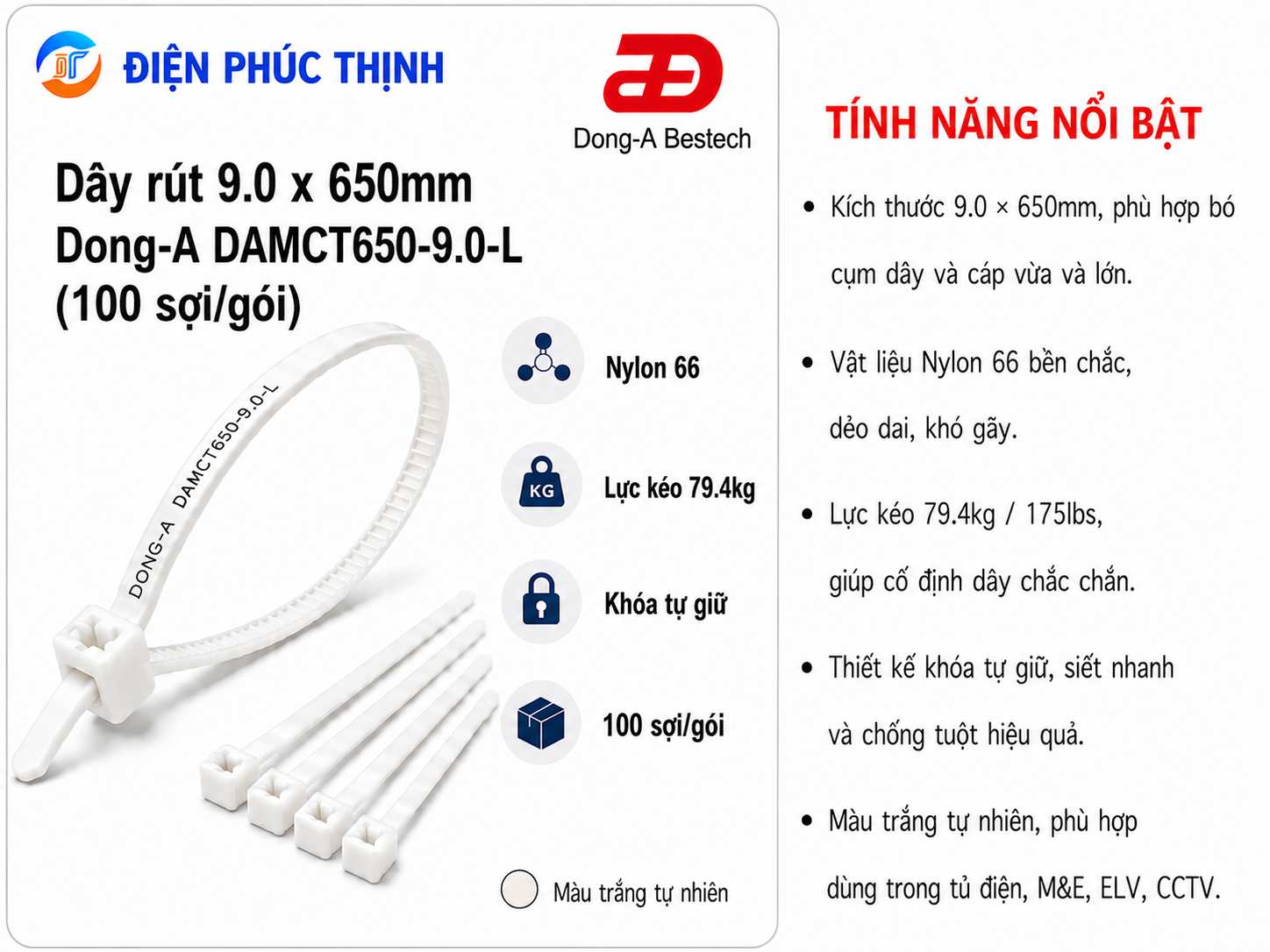 DONG-A-DAMCT650-9.0-L / Dây Rút Nhựa Dong-A 9.0×650mm