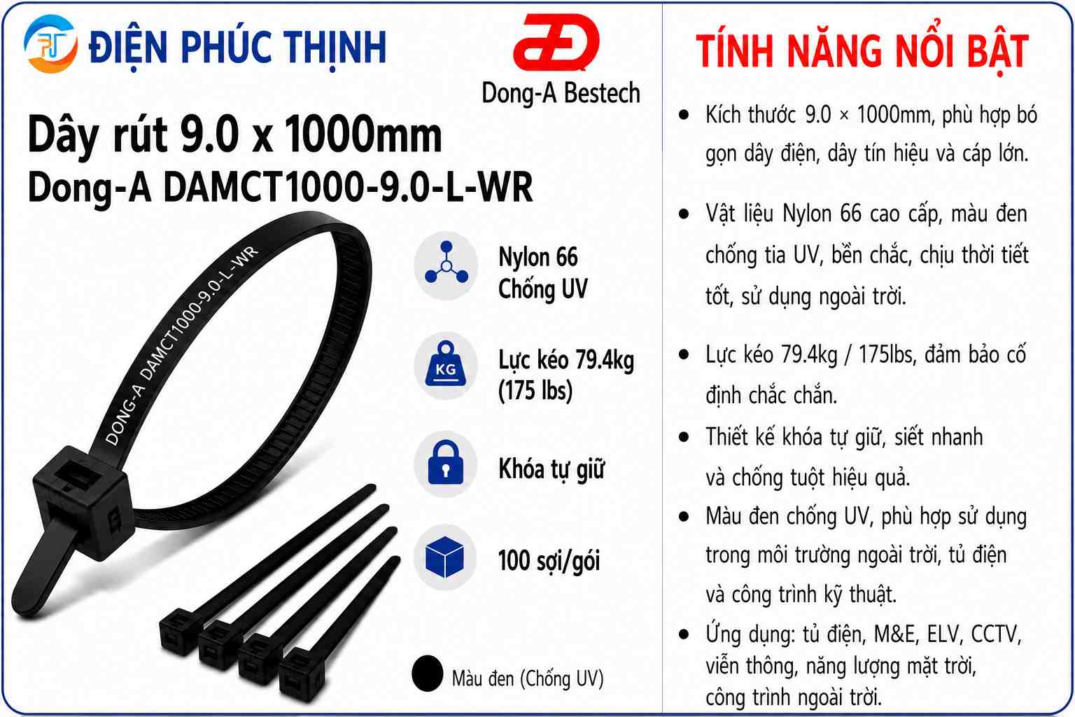 DONG-A-DAMCT1000-9.0-L-WR / Dây Rút Nhựa Dong-A 9.0×1000mm Chống UV