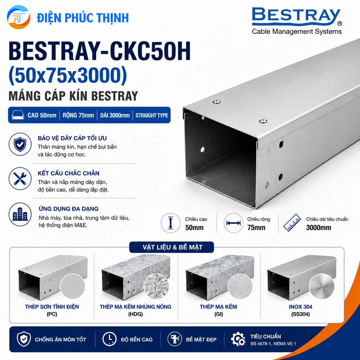 BESTRAY-CKC50H / Máng Cáp Bestray - Dạng Kín 50×75×3000mm