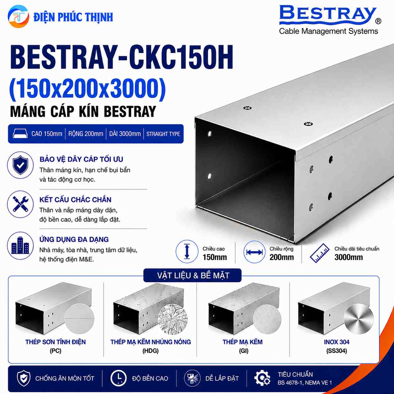 BESTRAY-CKC150H / Máng Cáp Kín Bestray 150×200×3000mm