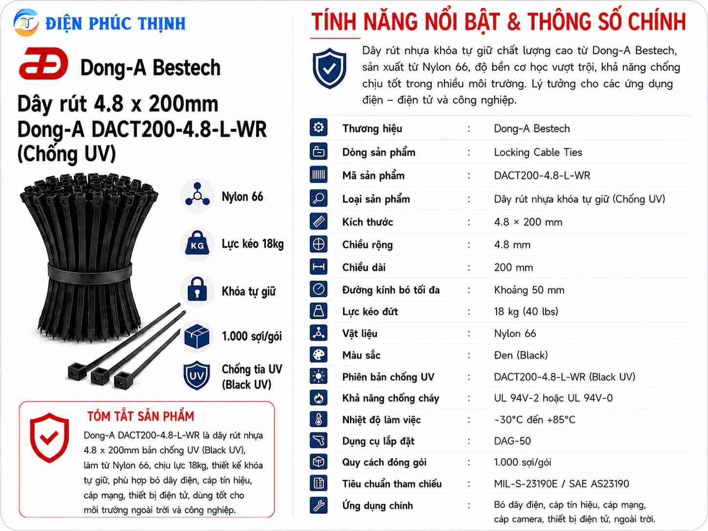 DONG-A-DACT200-4.8-L-WR / Dây Rút Nhựa Dong-A 4.8×200mm Chống UV
