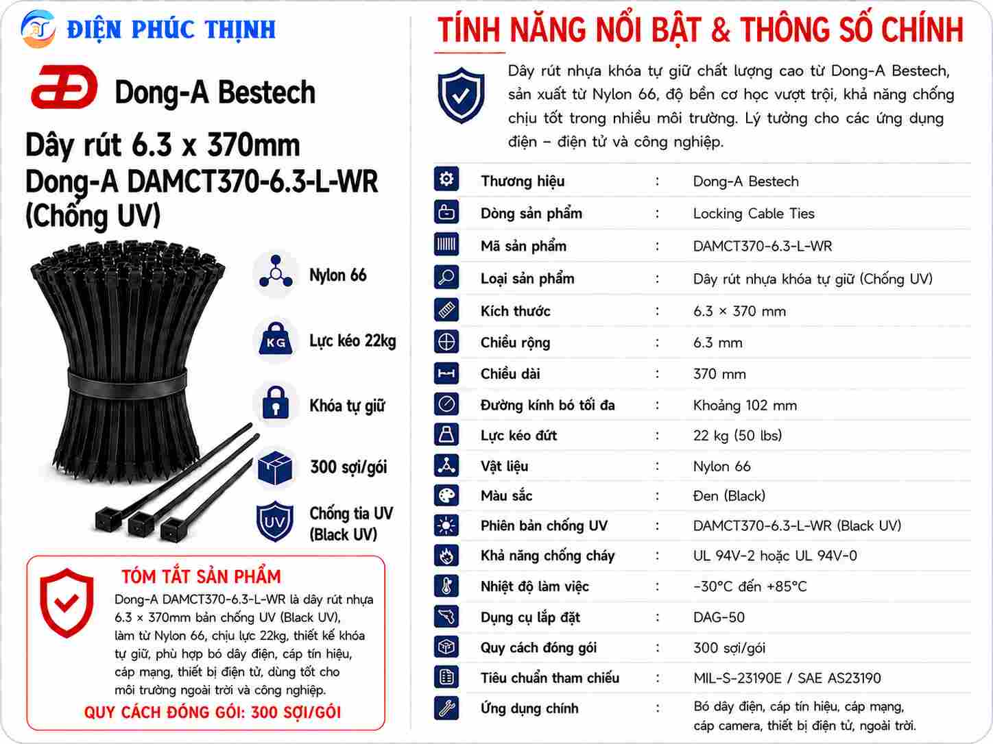 DONG-A-DAMCT370-6.3-L-WR / Dây Rút Nhựa Dong-A 6.3×370mm Chống UV