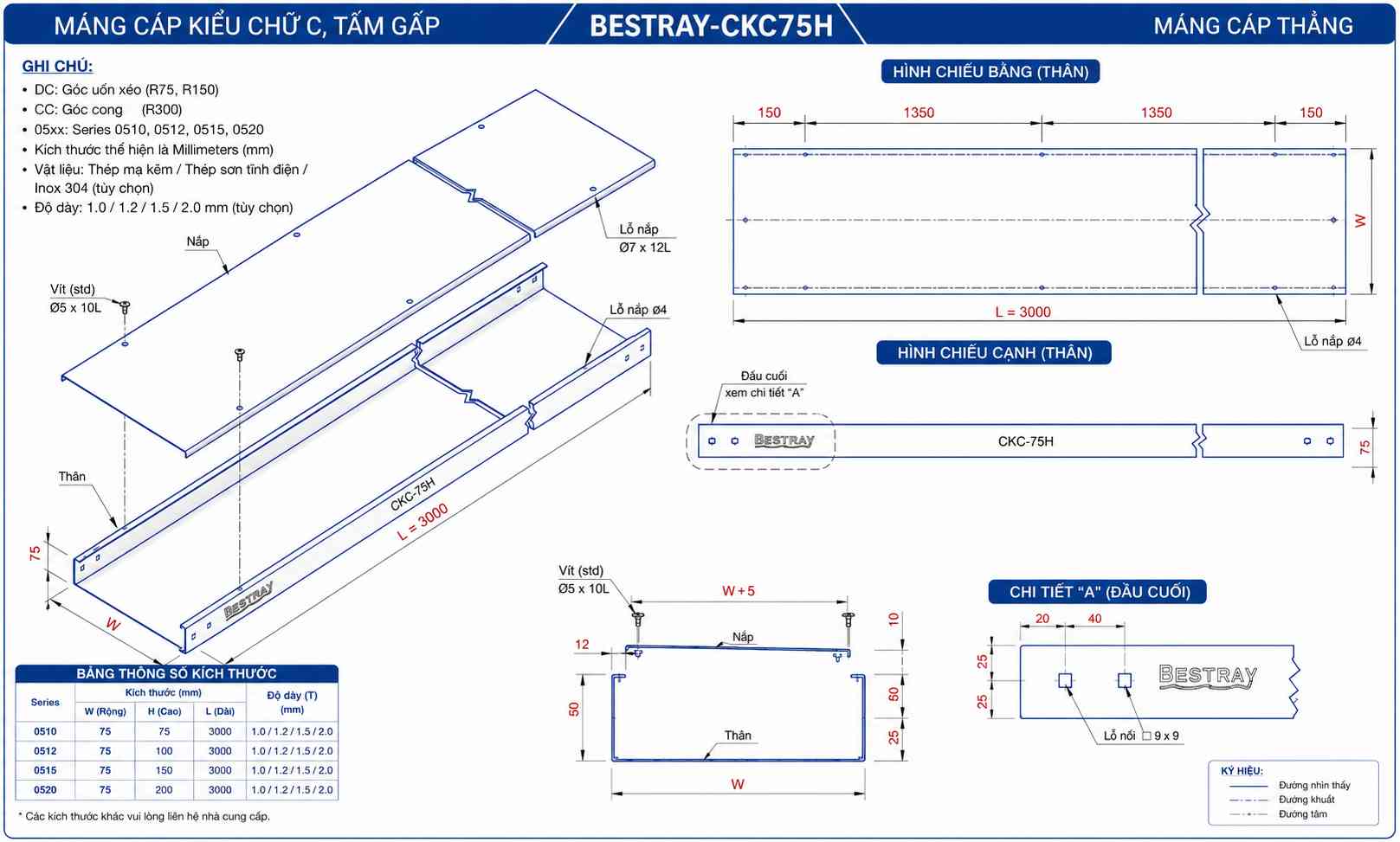 BESTRAY-CKC75H / Máng Cáp Bestray - Dạng Kín 75×400×3000mm