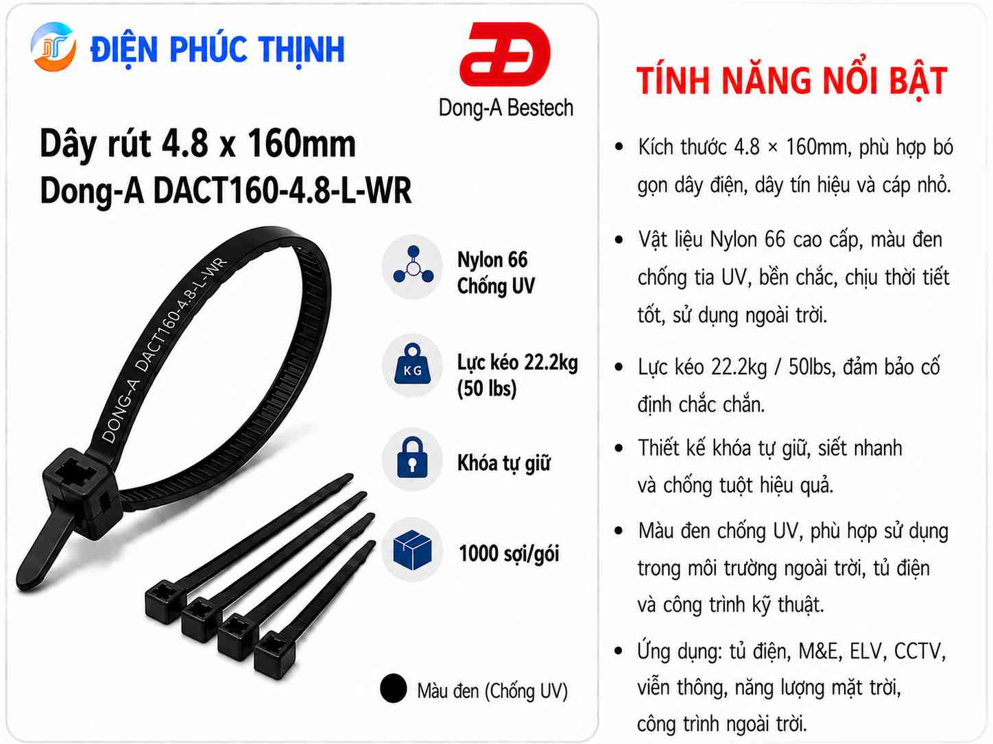 DONG-A-DACT160-4.8-L-WR / Dây Rút Nhựa Dong-A 4.8×160mm Chống UV