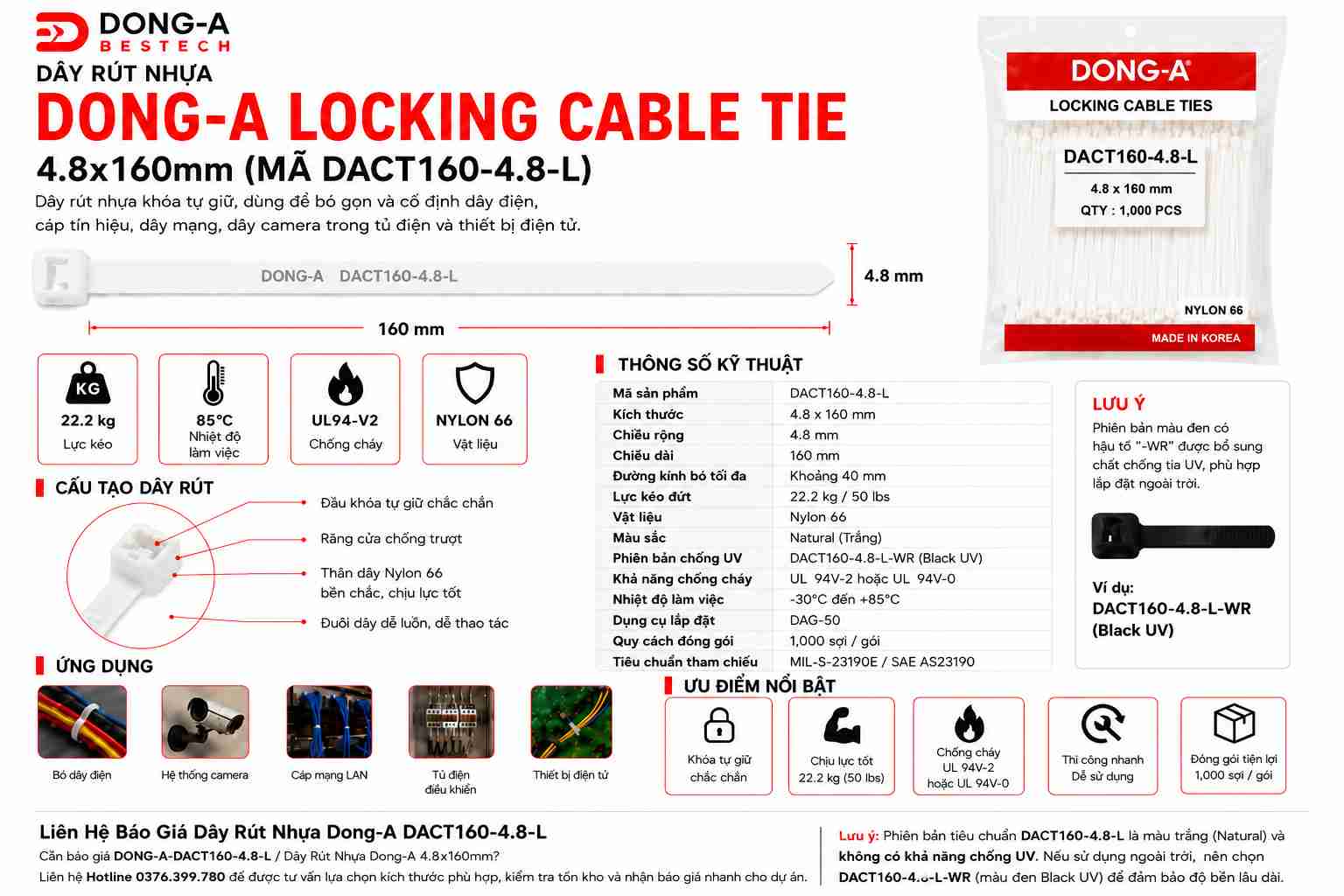 DONG-A-DACT160-4.8-L / Dây Rút Nhựa Dong-A 4.8x160mm
