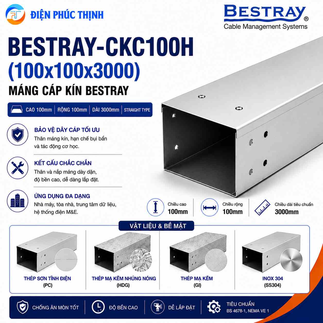 BESTRAY-CKC100H / Máng Cáp Kín Bestray 100×100×3000mm