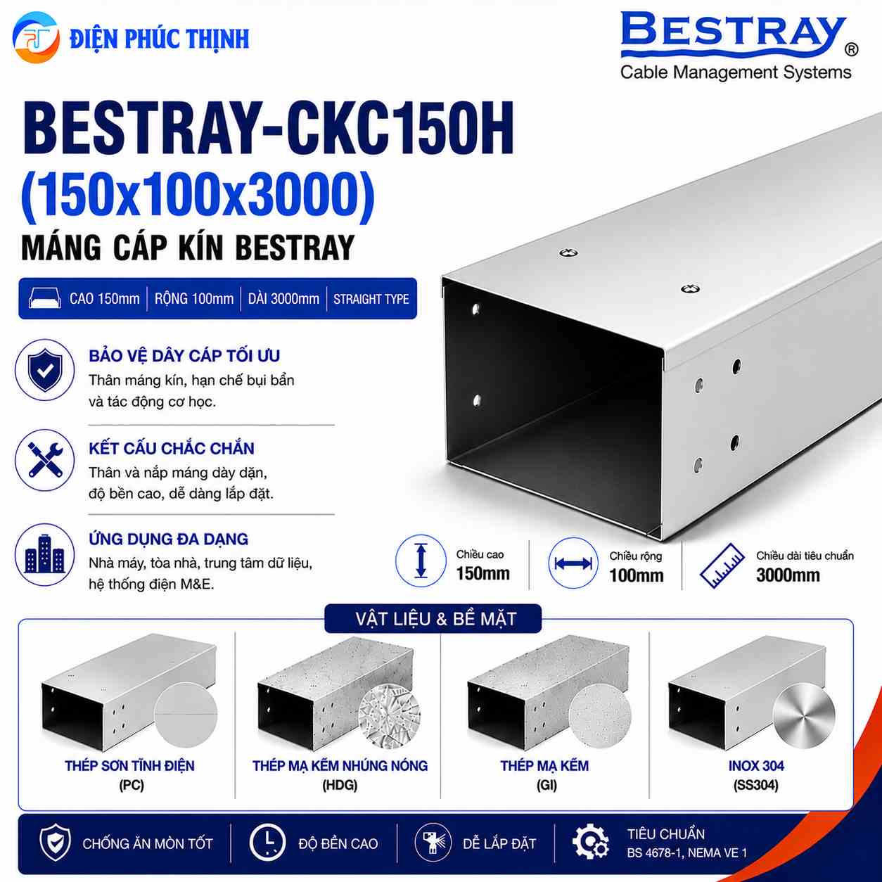 BESTRAY-CKC150H / Máng Cáp Kín Bestray 150×100×3000mm