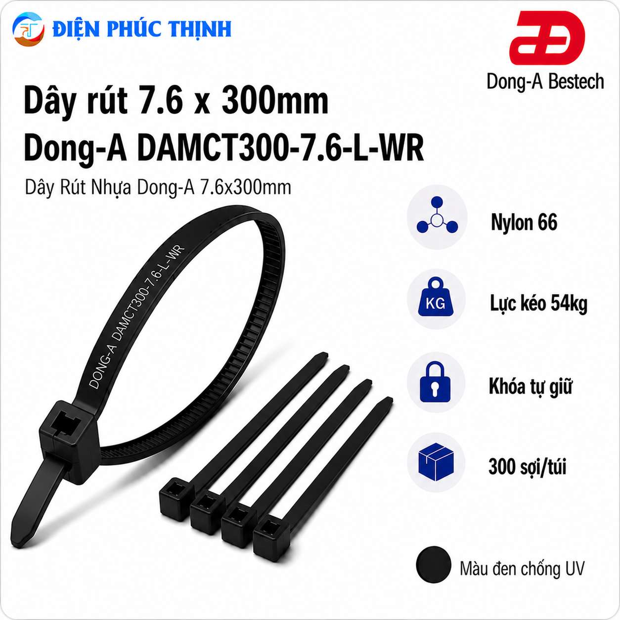 DONG-A-DAMCT300-7.6-L-WR / Dây Rút Nhựa Dong-A 7.6×300mm Chống UV