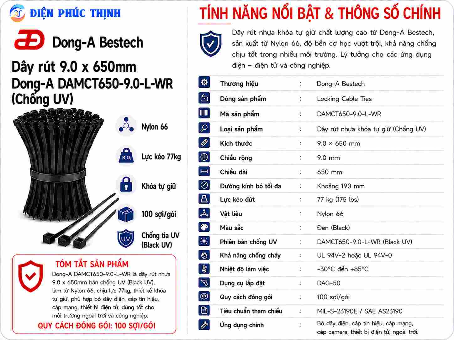 DONG-A-DAMCT650-9.0-L-WR / Dây Rút Nhựa Dong-A 9.0×650mm Chống UV