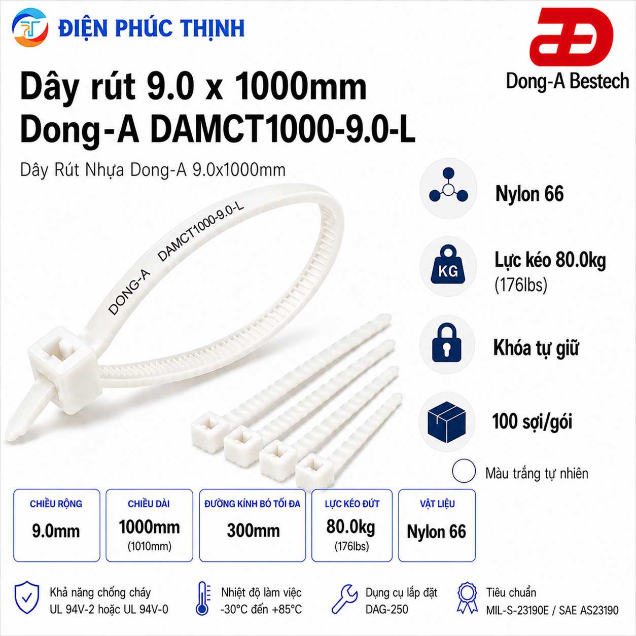 DONG-A-DAMCT1000-9.0-L / Dây Rút Nhựa Dong-A 9.0×1000mm