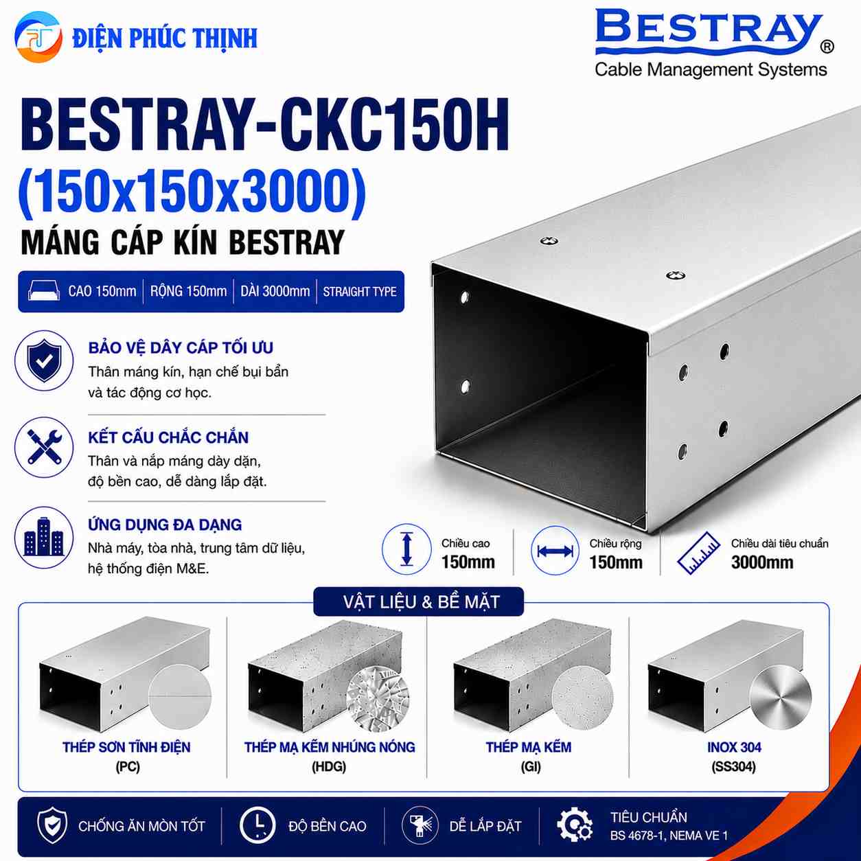 BESTRAY-CKC150H / Máng Cáp Kín Bestray 150×150×3000mm