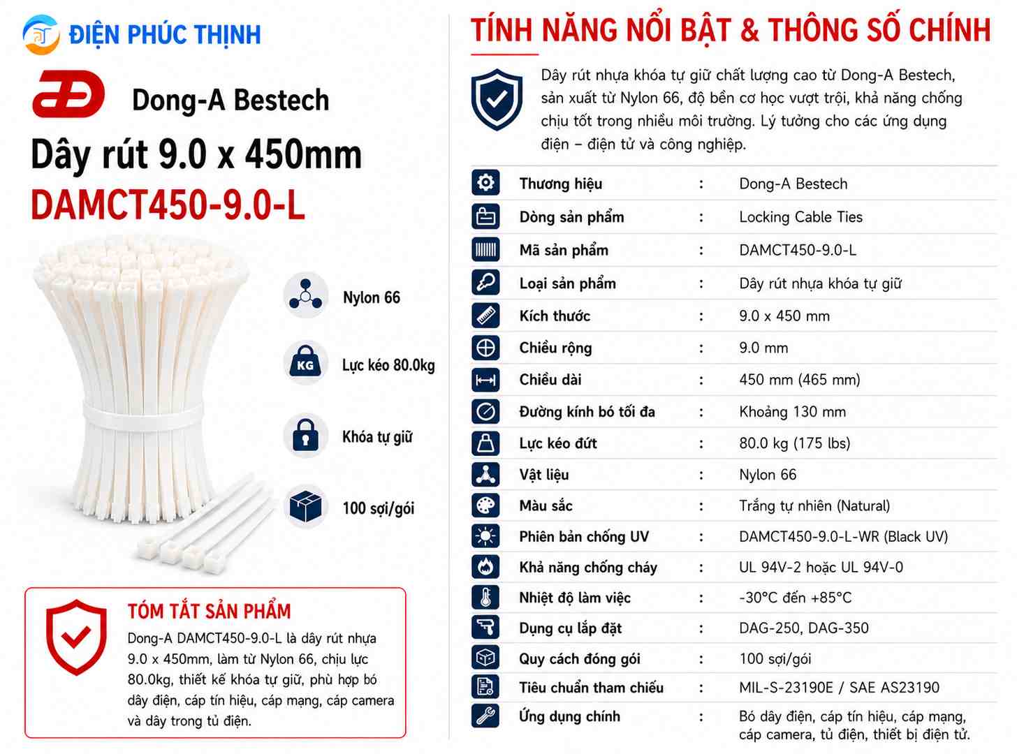 DONG-A-DAMCT450-9.0-L / Dây Rút Nhựa Dong-A 9.0×450mm