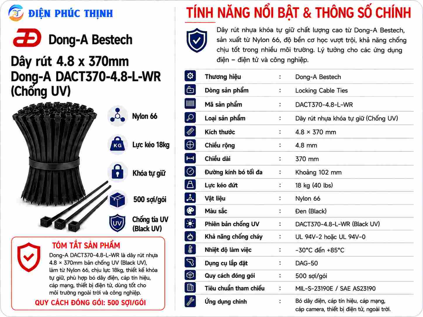 DONG-A-DACT370-4.8-L-WR / Dây Rút Nhựa Dong-A 4.8×370mm Chống UV