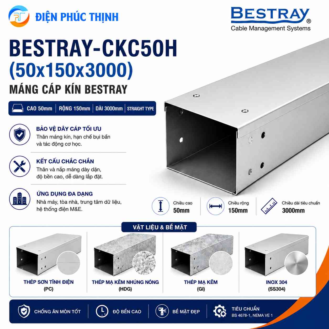 BESTRAY-CKC50H / Máng Cáp Bestray - Dạng Kín 50×150×3000mm