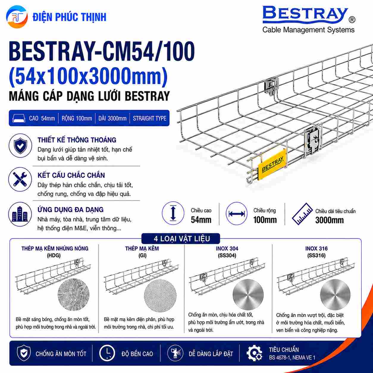 BESTRAY-CM54/100 / Máng Cáp Bestray - Dạng lưới 54×100×3000mm