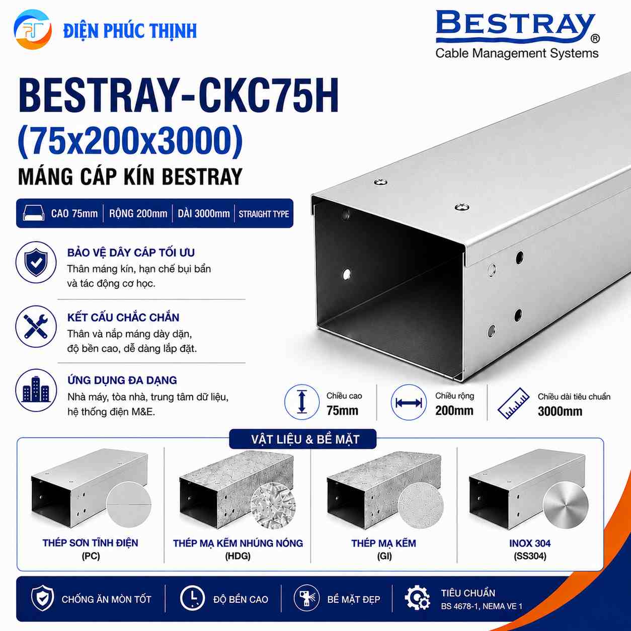 BESTRAY-CKC75H / Máng Cáp Bestray - Dạng Kín 75×200×3000mm