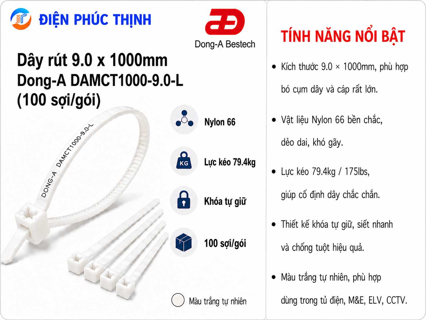 DONG-A-DAMCT1000-9.0-L / Dây Rút Nhựa Dong-A 9.0×1000mm