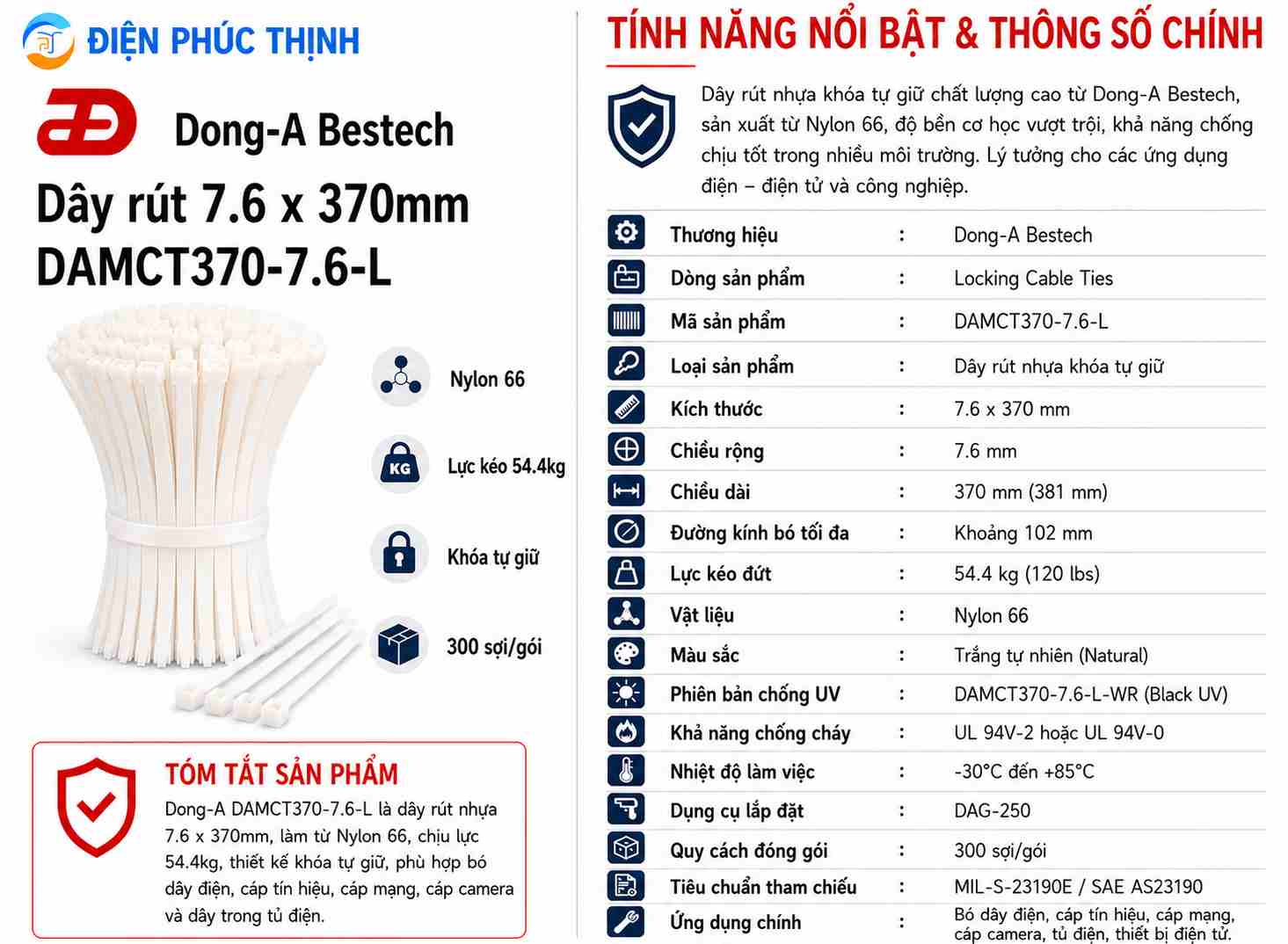 DONG-A-DAMCT370-7.6-L / Dây Rút Nhựa Dong-A 7.6×370mm