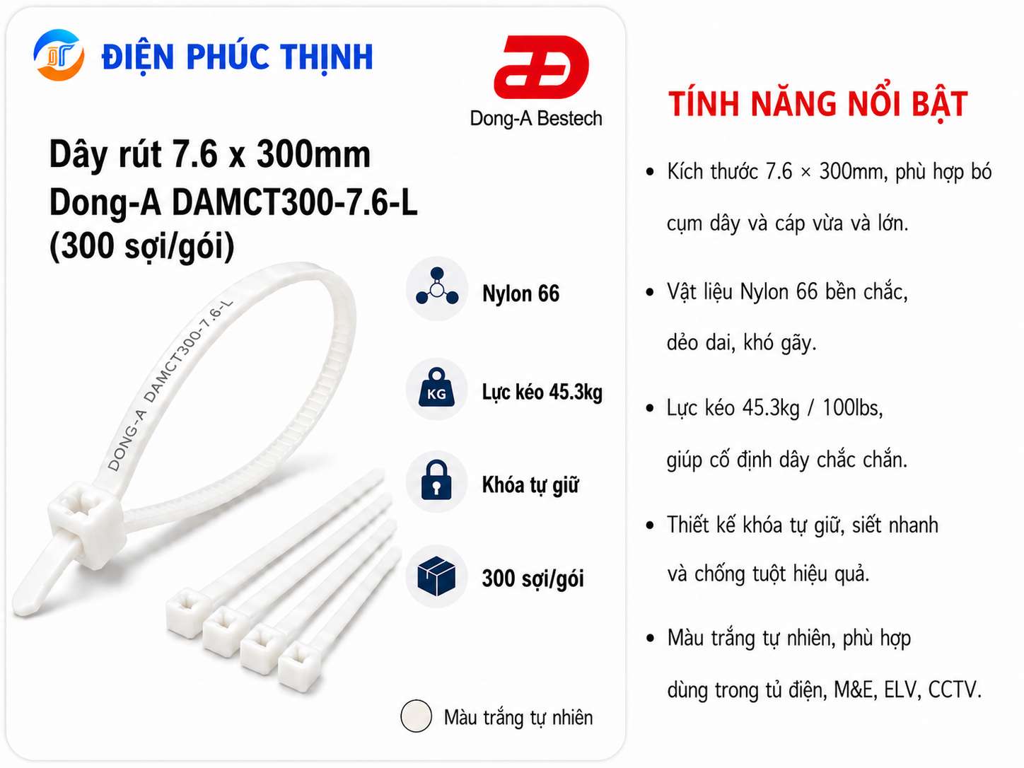 DONG-A-DAMCT300-7.6-L / Dây Rút Nhựa Dong-A 7.6×300mm