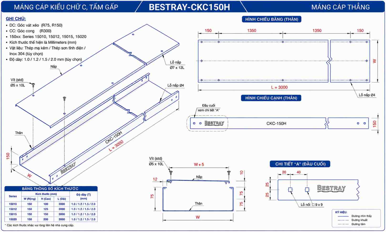 BESTRAY-CKC150H / Máng Cáp Kín Bestray 150×150×3000mm