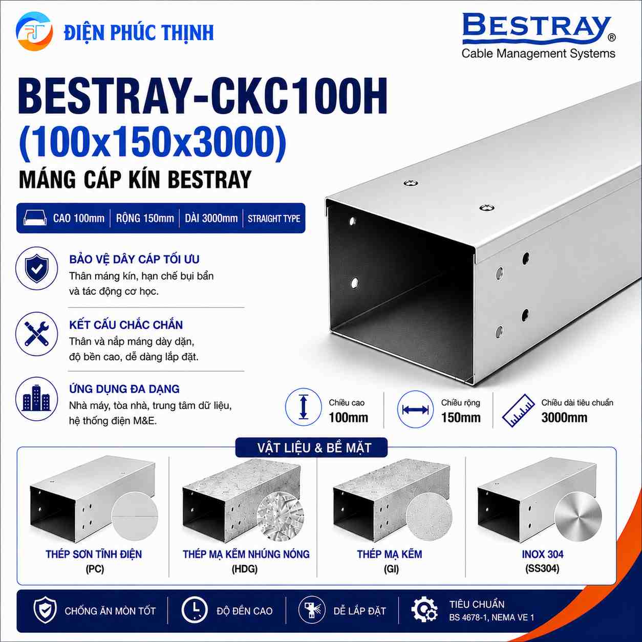 BESTRAY-CKC100H / Máng Cáp Kín Bestray 100×150×3000mm