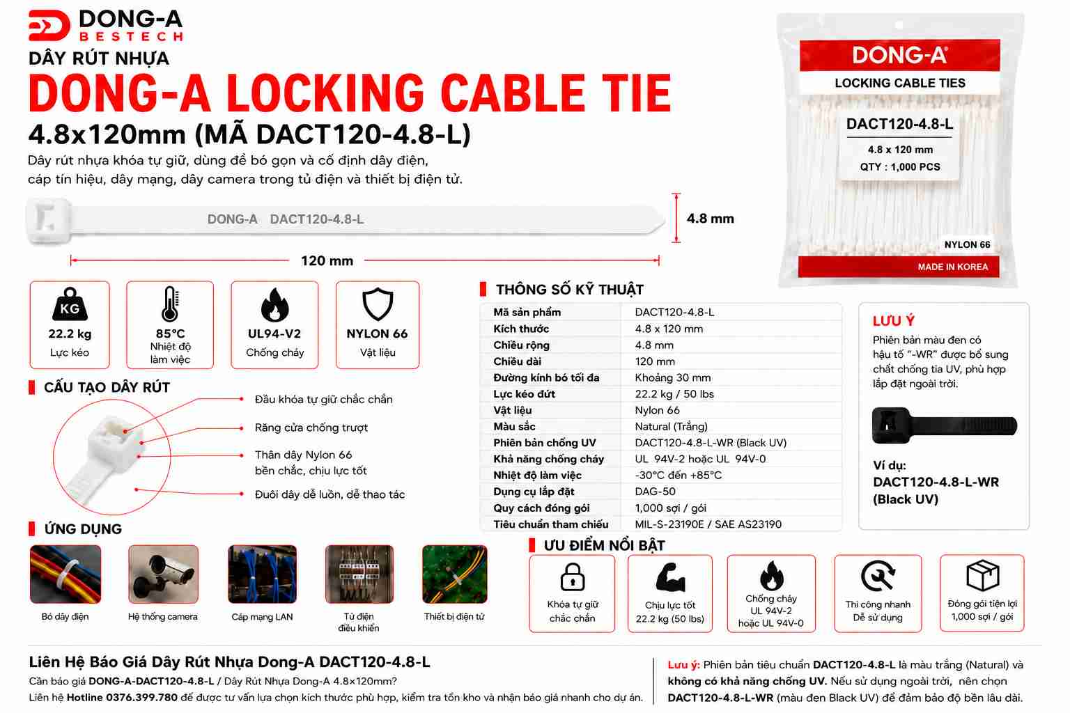 DONG-A-DACT120-4.8-L / Dây Rút Nhựa Dong-A 4.8x120mm